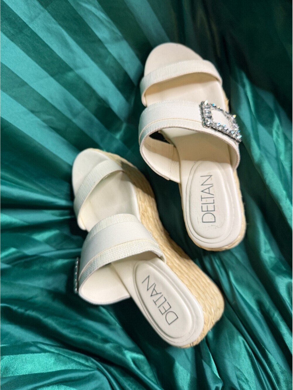 Deltan White Platform Slide Sandals Rhinestone Buckle Espadrille Size 10